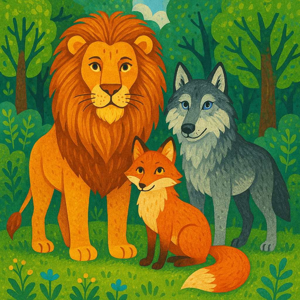 Лев, волк и лиса стоят втроём на лесной поляне