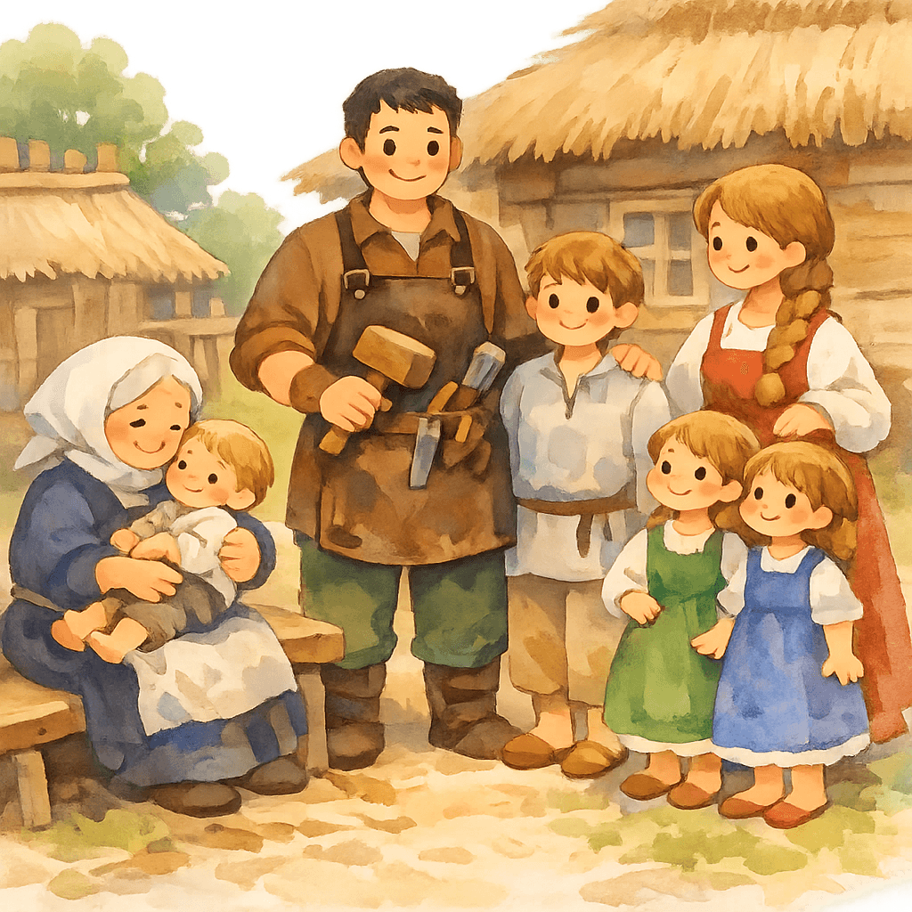 Плотник Федор с сыном в работе, Авдотья с дочками и бабушкой во дворе