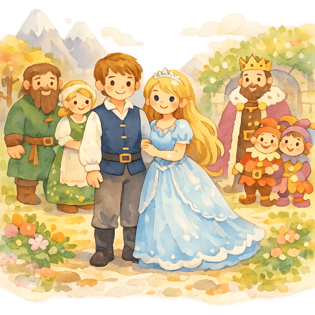 Медведь-юноша и принцесса в волшебном саду, рядом хозяин с хозяйкой и король