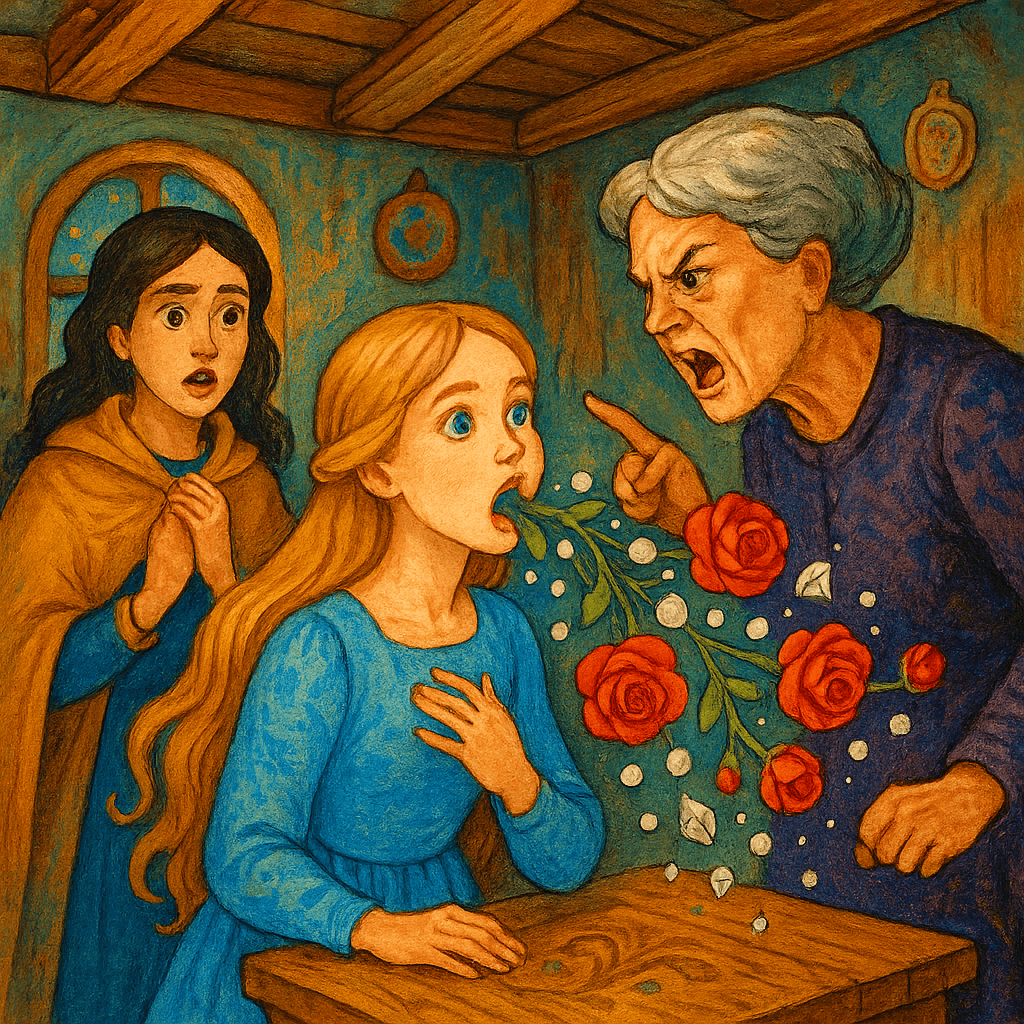 Мать увидела, как изо рта её младшей дочери сыплются драгоценности и цветы.