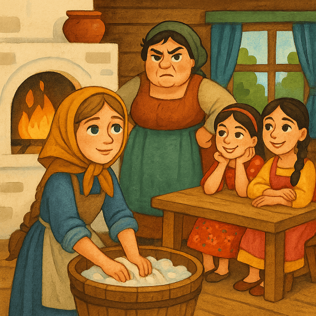 Машенька работает у печки, за ней наблюдает сердитая мачеха, сёстры ленятся за столом.