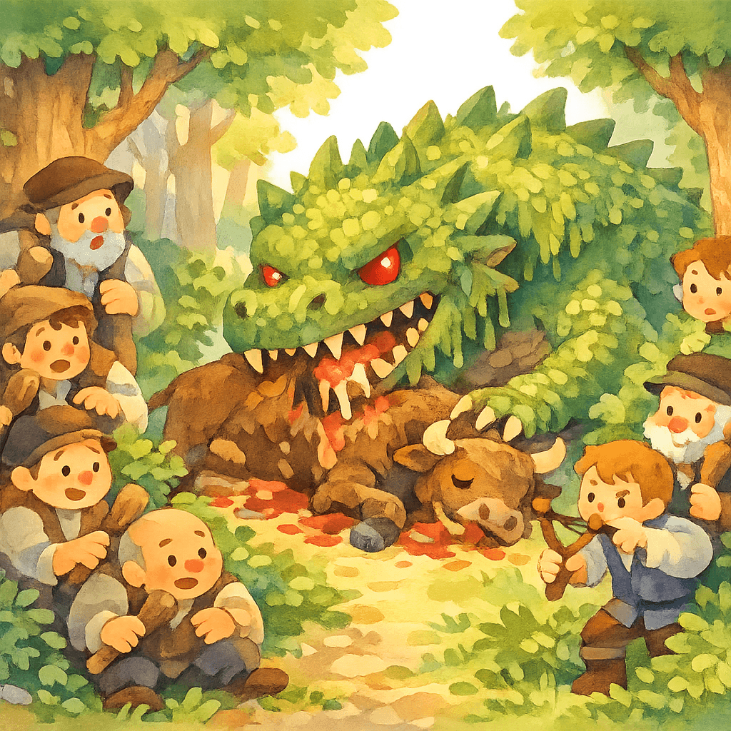 Дракон Тараск поедает быка в лесу, а смельчаки прячутся за деревьями