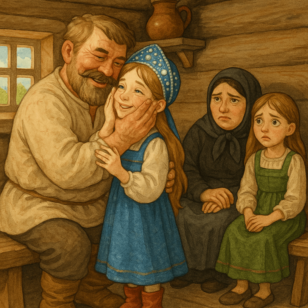 Отец с радостью встречает спасённую дочь ; мачеха с дочкой изгнаны 