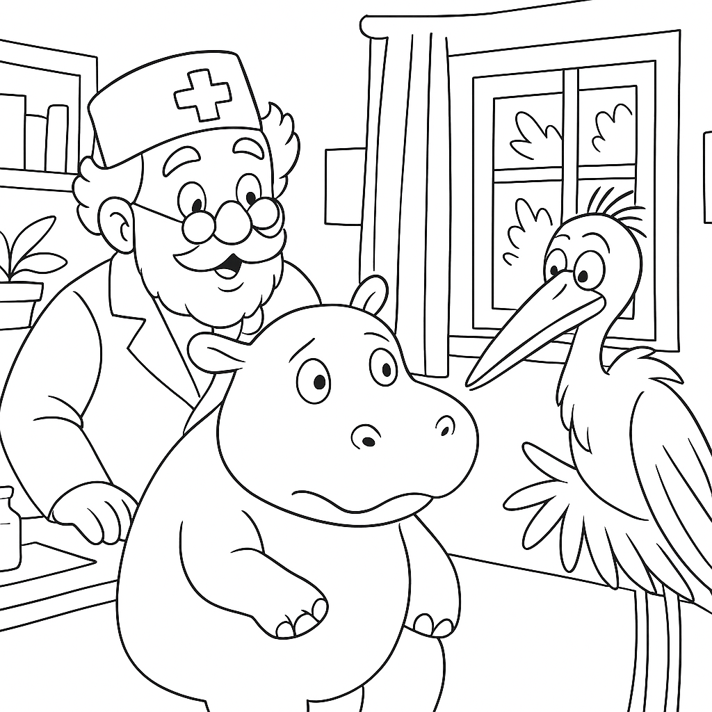 Раскраска по сказке "Про Бегемота, который боялся прививок"
