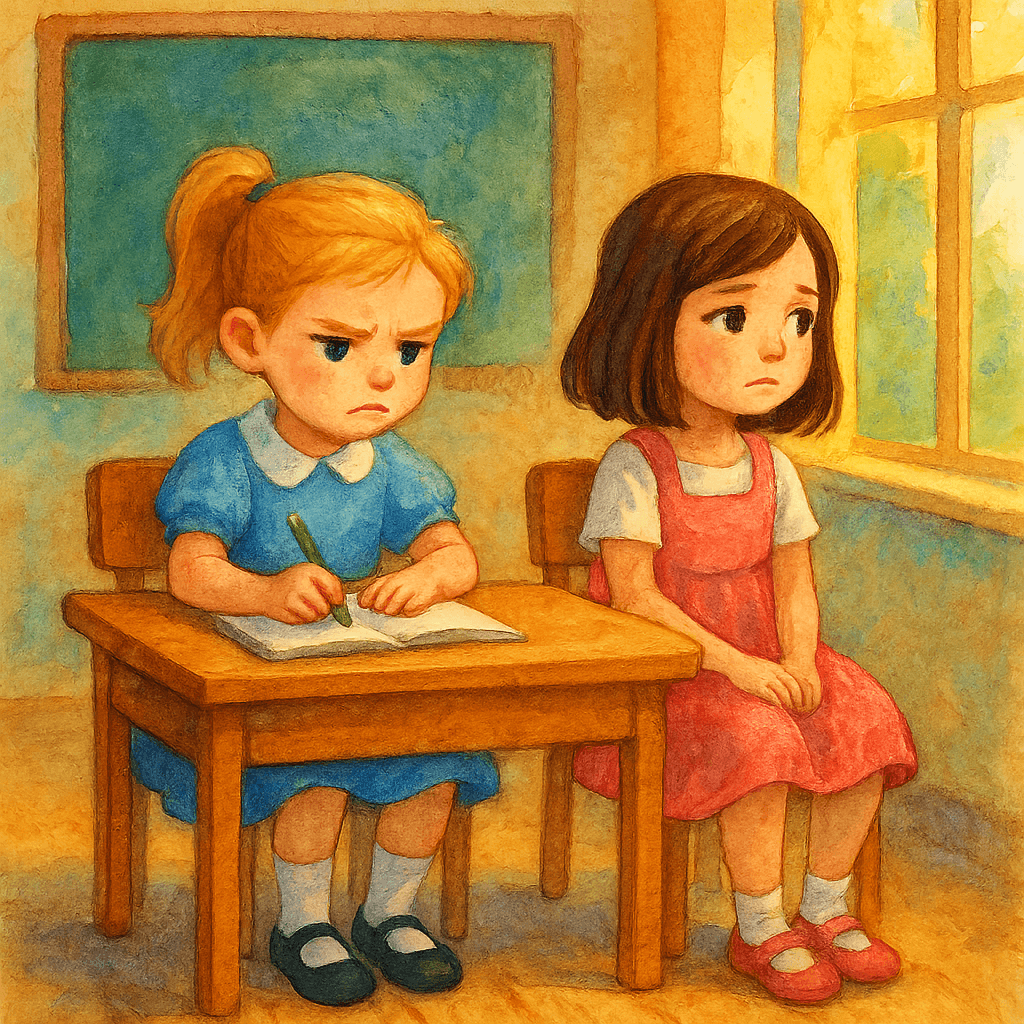 Катя с недовольным лицом держит карандаш, Лена грустно смотрит в окно.