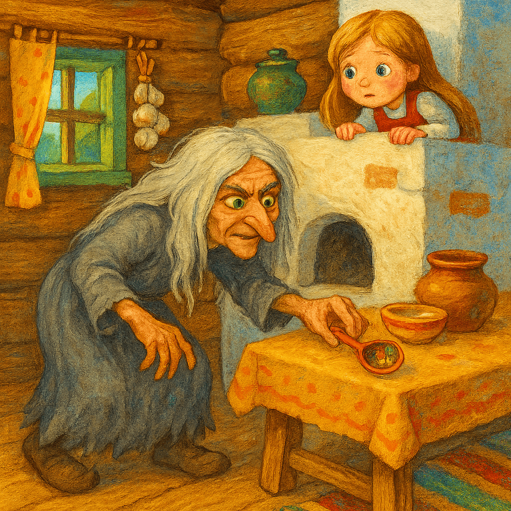 Баба Яга считает ложки, а Жихарка спряталась на печи.