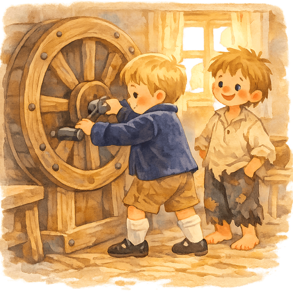 Володя и Прошка крутят большое колесо, Прошка улыбается