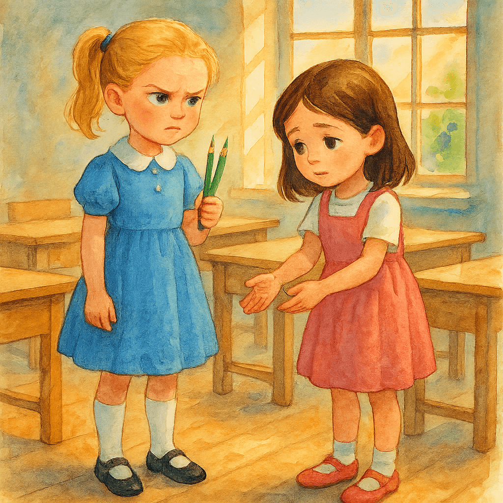 Катя держит два зеленых карандаша в классе, Лена просит у неё один.