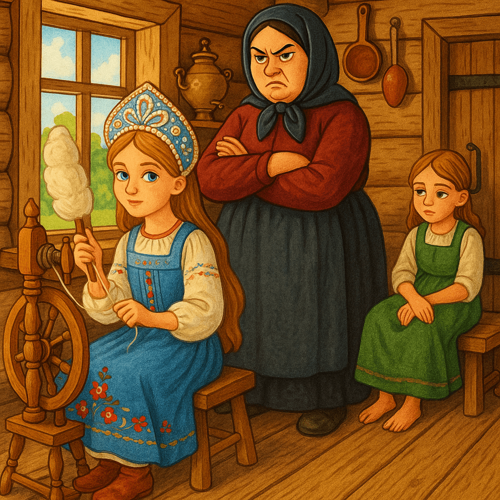 Сирота трудится по хозяйству, мачеха зло смотрит