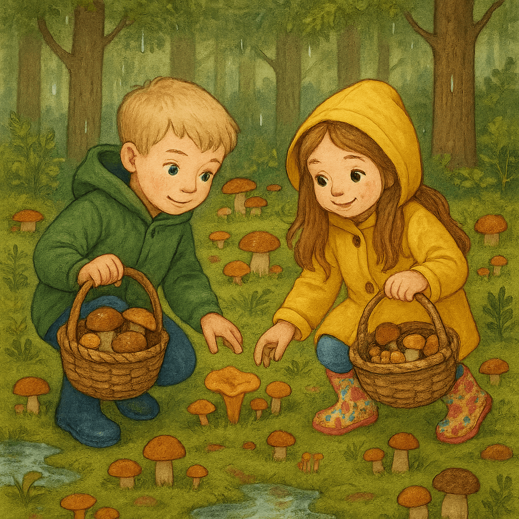 Дети собирают грибы после грибного дождя в лесу.