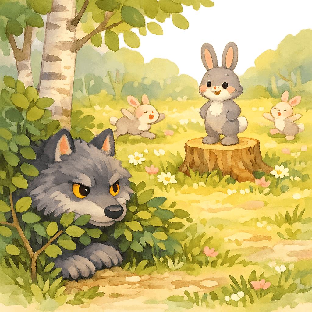 Серый волк подкрадывается к группе зайцев в лесу