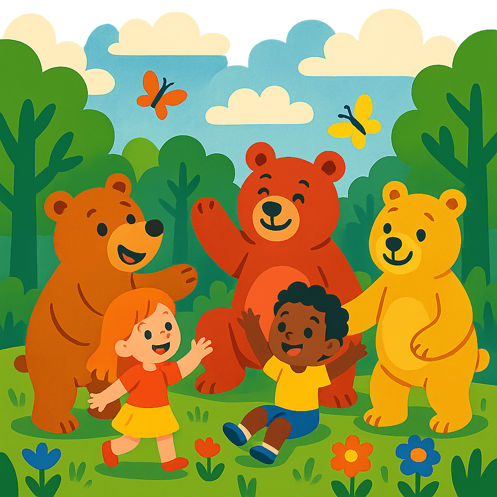 Яркие медведи с улыбками играют с детьми в волшебном лесу. Детский стиль, атмосфера радости и дружбы.