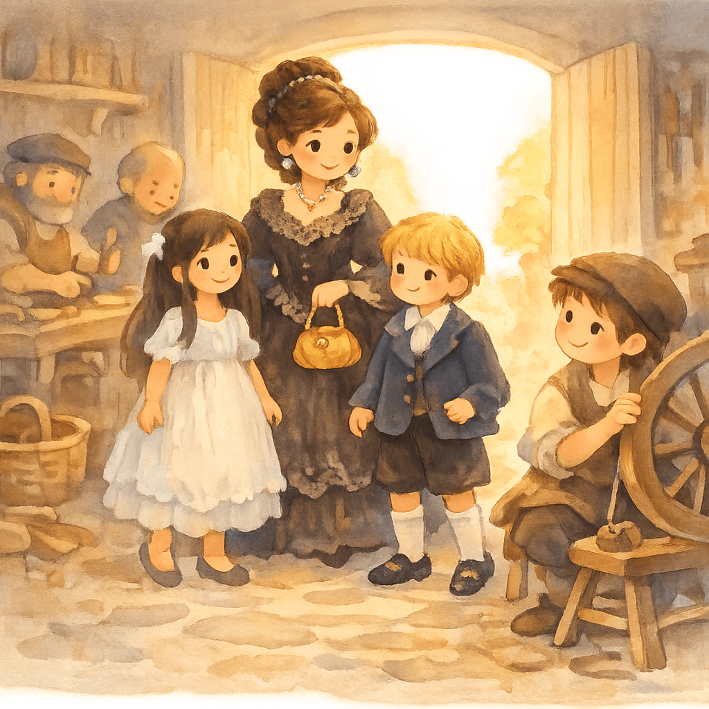 Барыня с детьми заходит в мастерскую, Прошка смотрит на мальчика