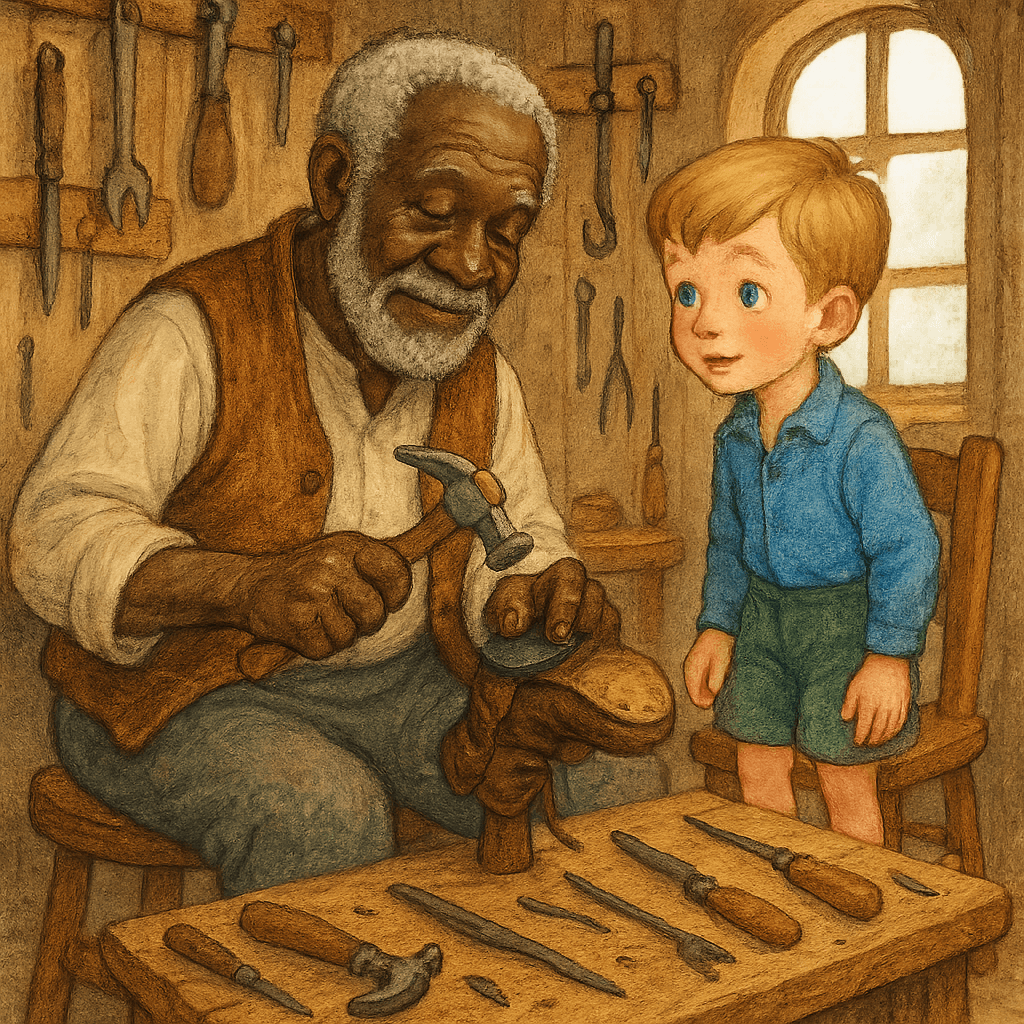 Дядюшка Римус и мальчик в мастерской за ремонтом обуви