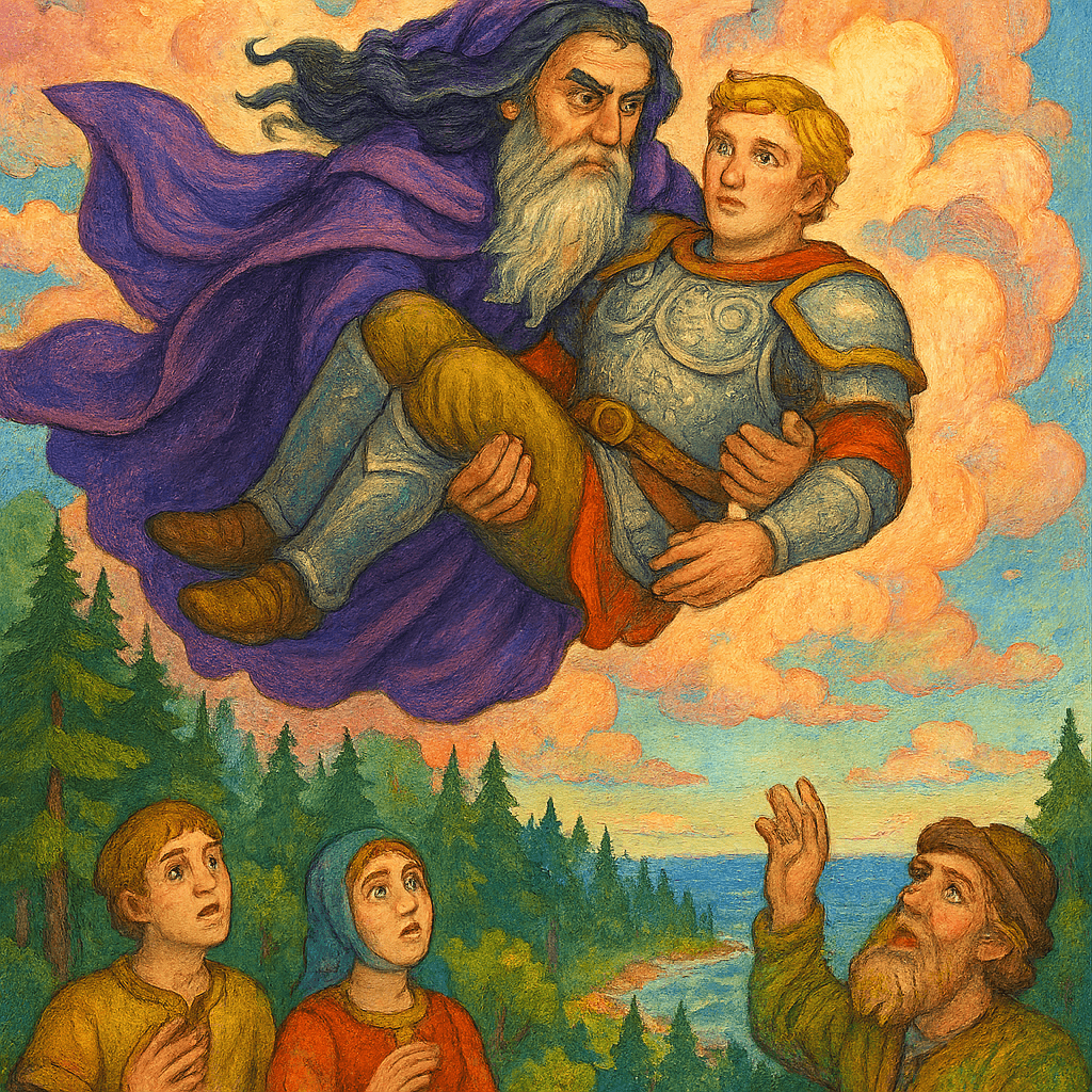 Колдун несёт богатыря через леса и моря в облаках, народ смотрит сверху.