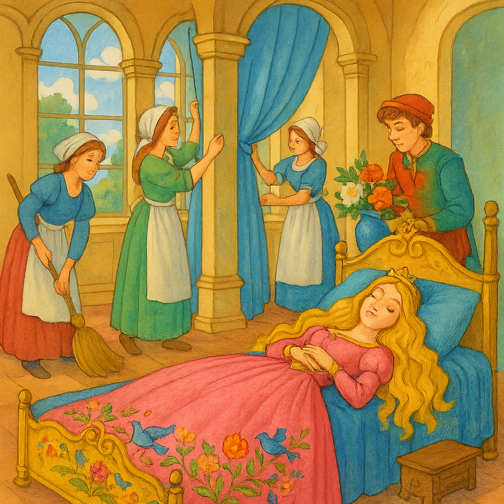 Принцесса в красивом платье спит на роскошной кровати