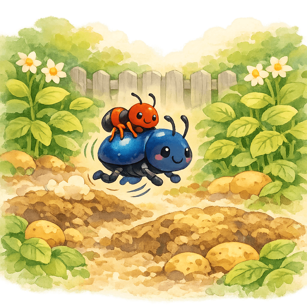 Жучок-Блошачок прыжками переносит Муравьишку через гряды к забору.