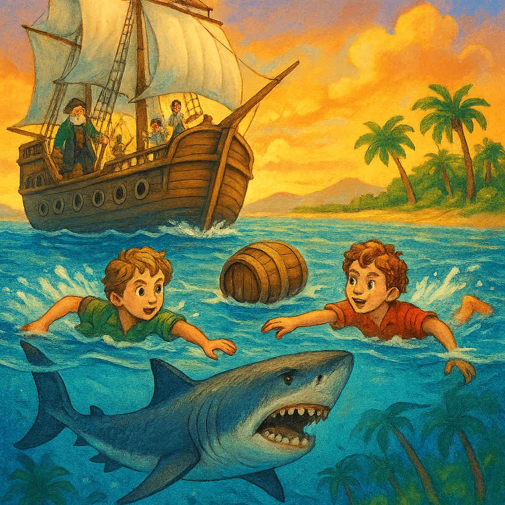 Мальчики плывут в открытом море к бочонку, акула приближается к ним. Артиллерист и матросы кричат с корабля.