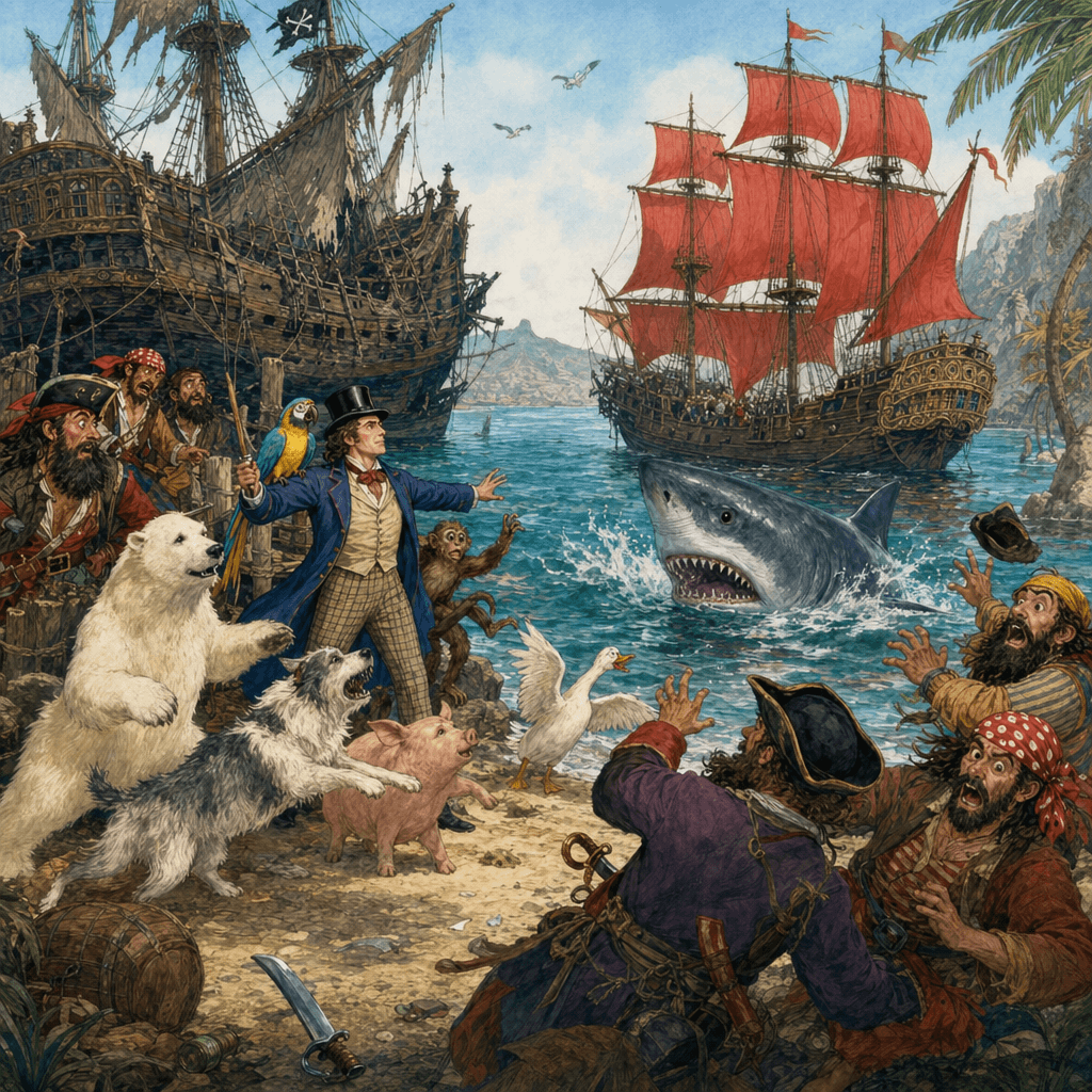 Схватка с пиратами и спасение с помощью акул