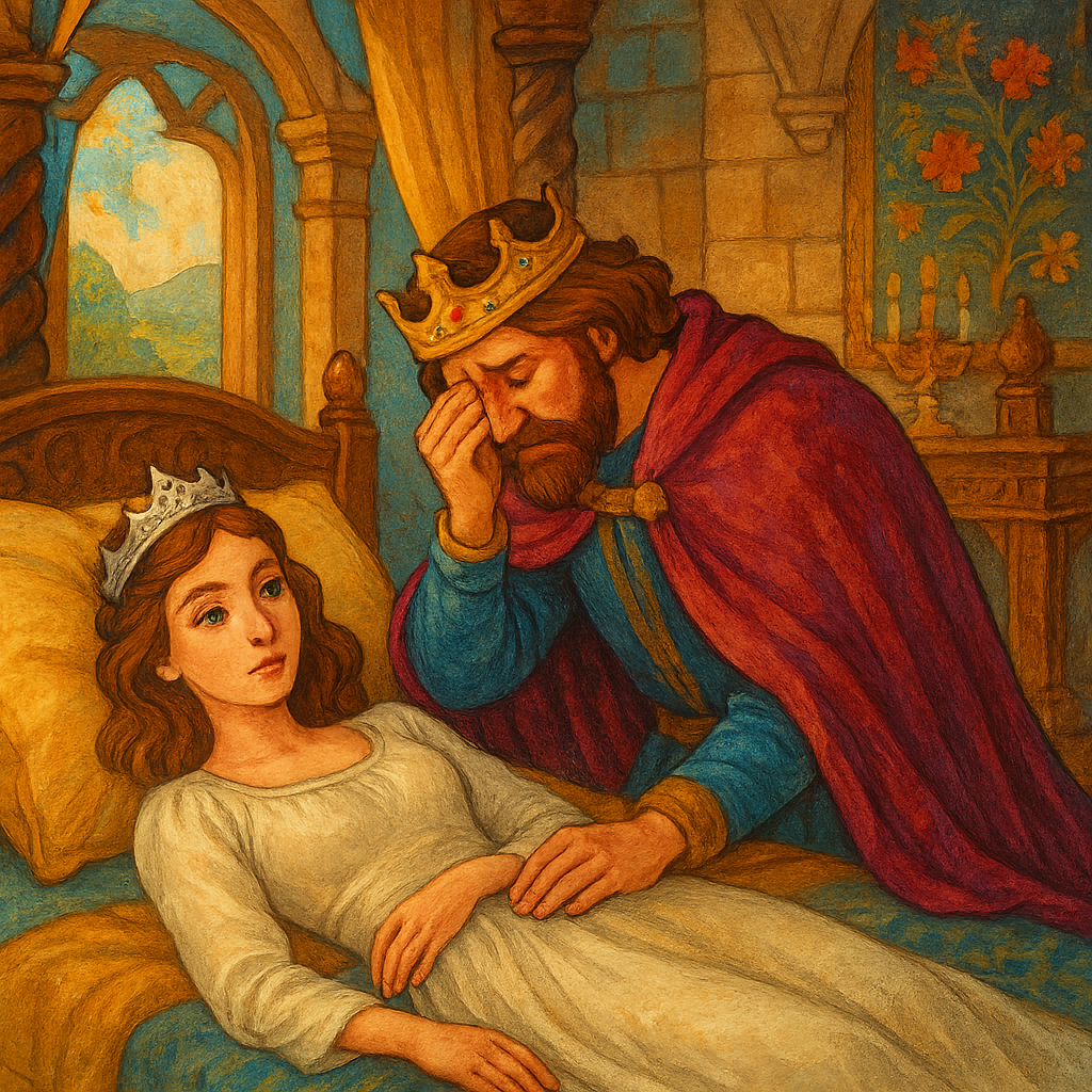 Слабая королева даёт обещание умирающему мужу-королю, сцена у ложа