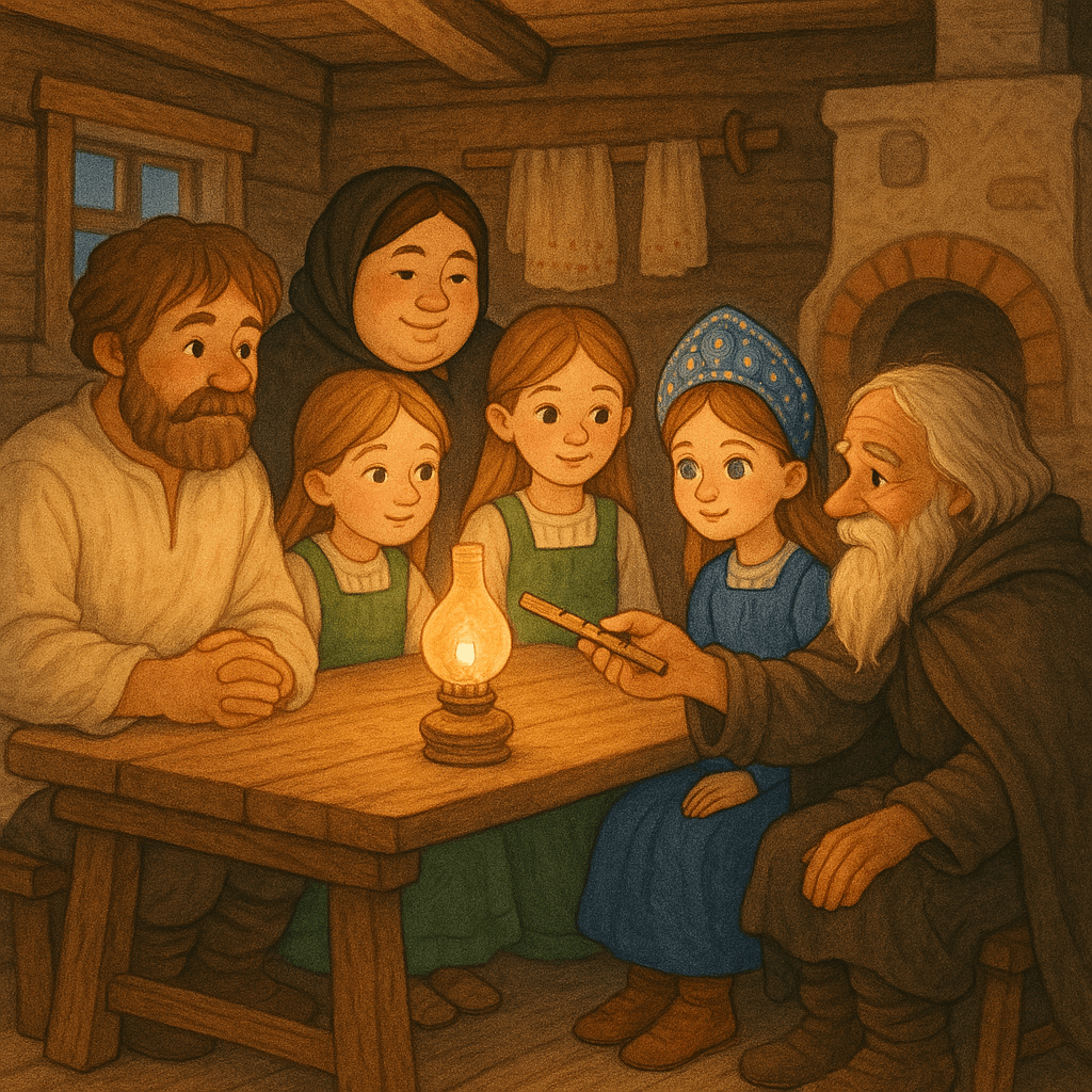 В избе за столом гости , странник протягивает дудочку 