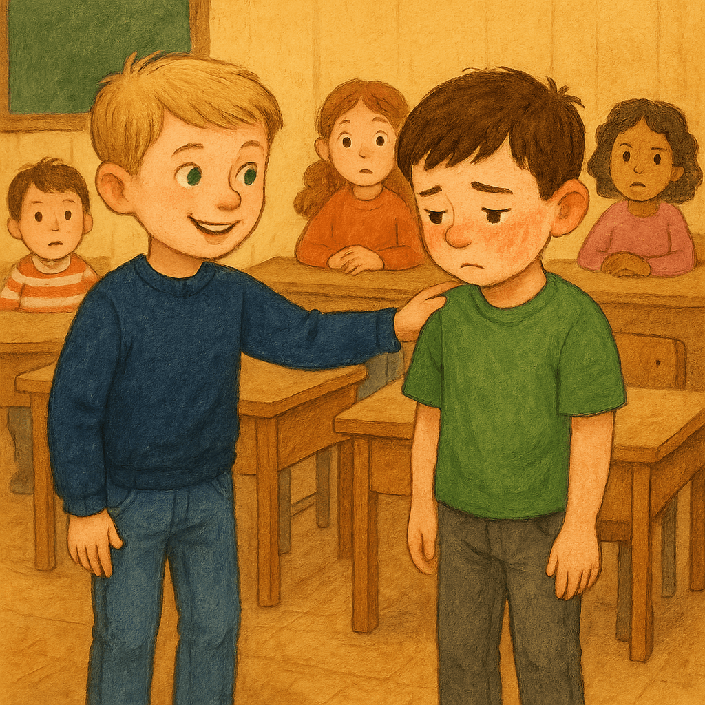 Дима хлопает Костю по плечу в классе, другие дети наблюдают.