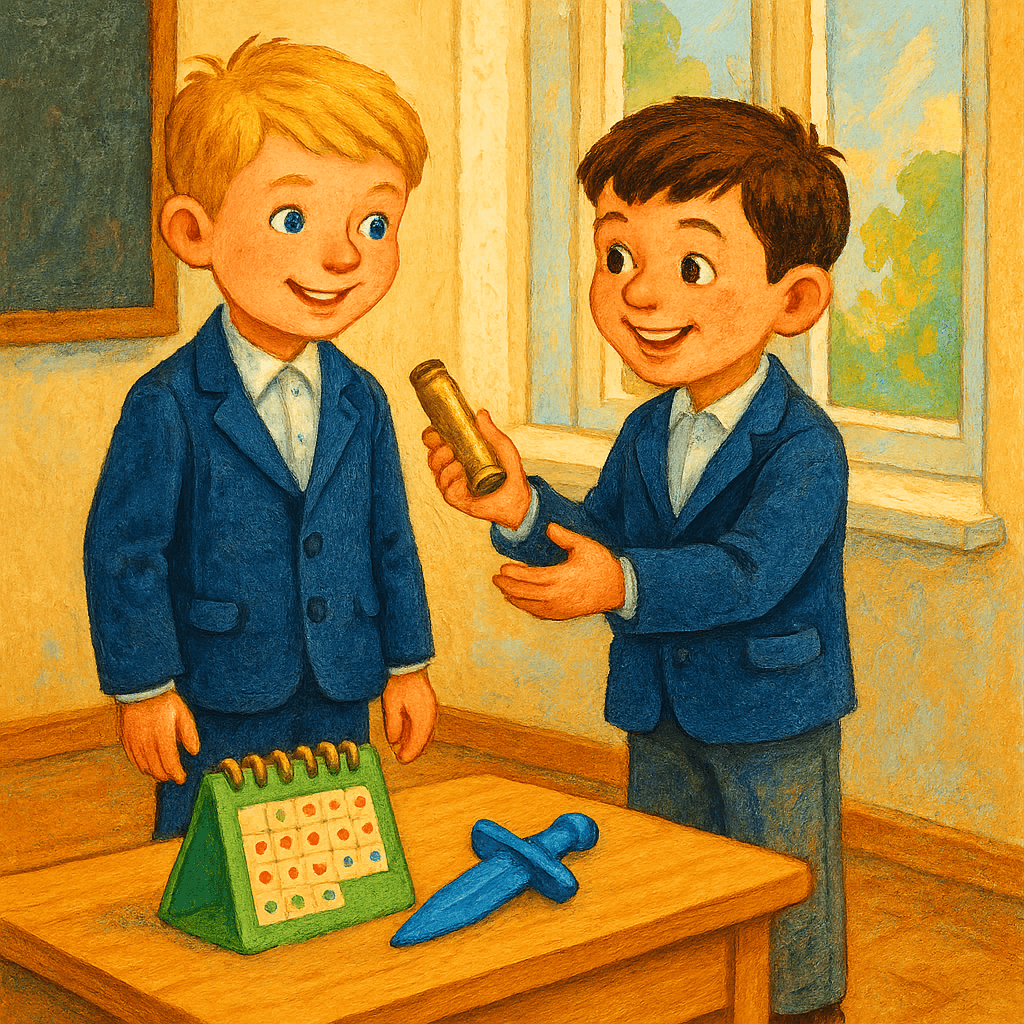 В классе мальчик дарит другу стреляную гильзу, оба улыбаются, рядом лежит синий кинжал и календарь.