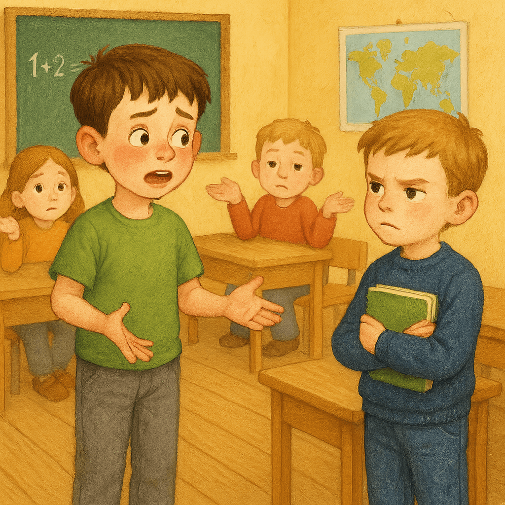 Костя смущенно оправдывается, остальные дети в классе молча пожимают плечами.