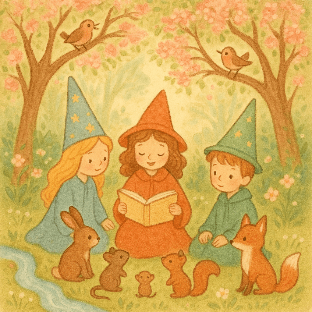 Дети читают поэтические строки зверятам в сказочном лесу, вокруг цветущие деревья, ручей и поющие птицы.