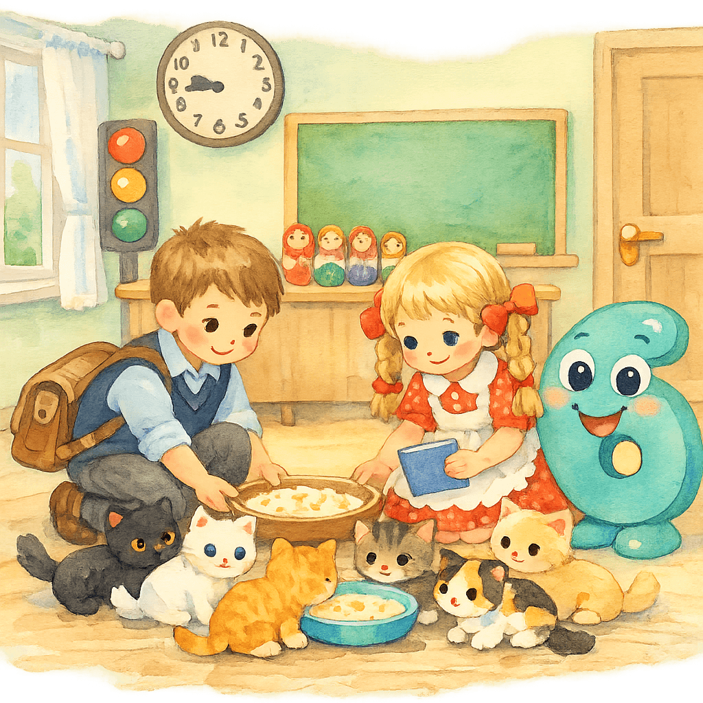Мальчик и девочка ставят мисочку с кашей и молоком перед шестью котятами в классной комнате, рядом стоит бирюзовая цифра 6 с улыбающимся лицом