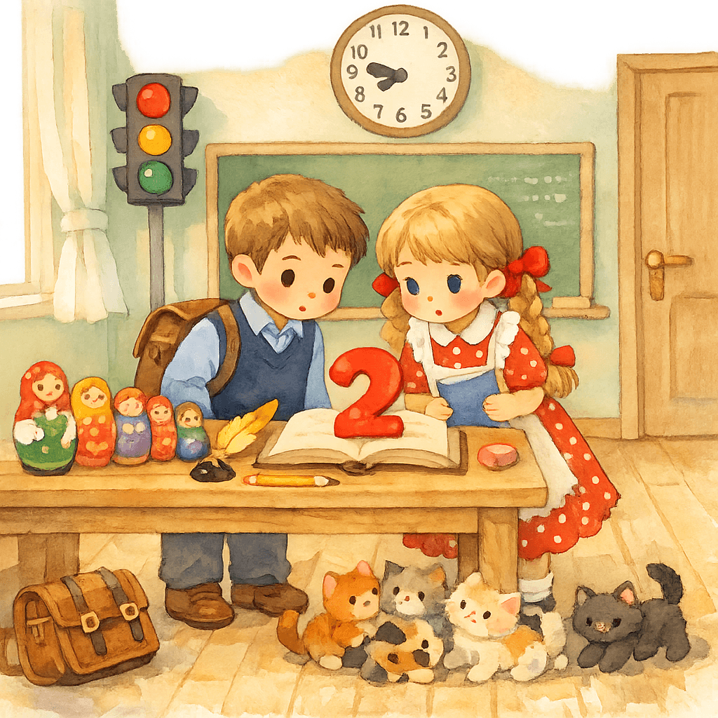 Два человечка-единицы показывают сцену борьбы «один на один» на листе тетради в светлой классной комнате, малыши внимательно смотрят на них.