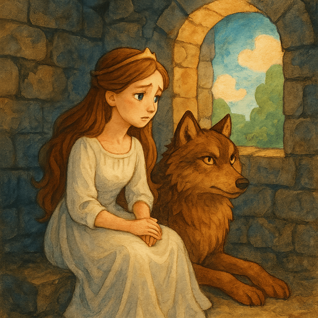 Царевна грустит в темнице, рядом с ней бурый волк.