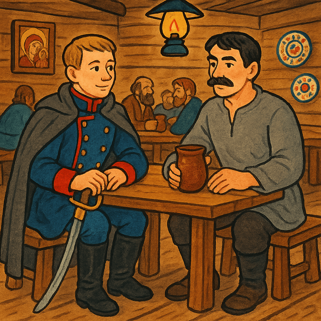 Солдат и переодетый царь Пётр за столом в трактире