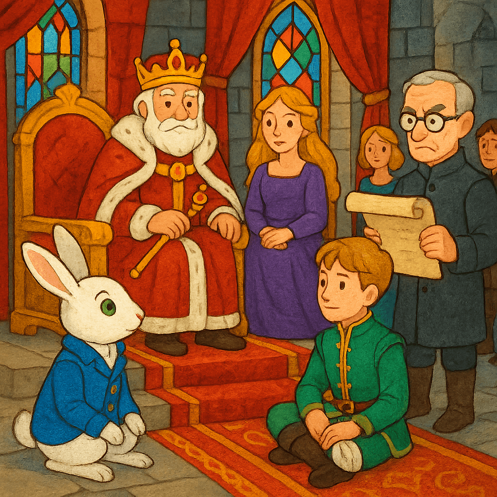 Кролик и Лорд Каломель решают королевскую загадку перед троном.