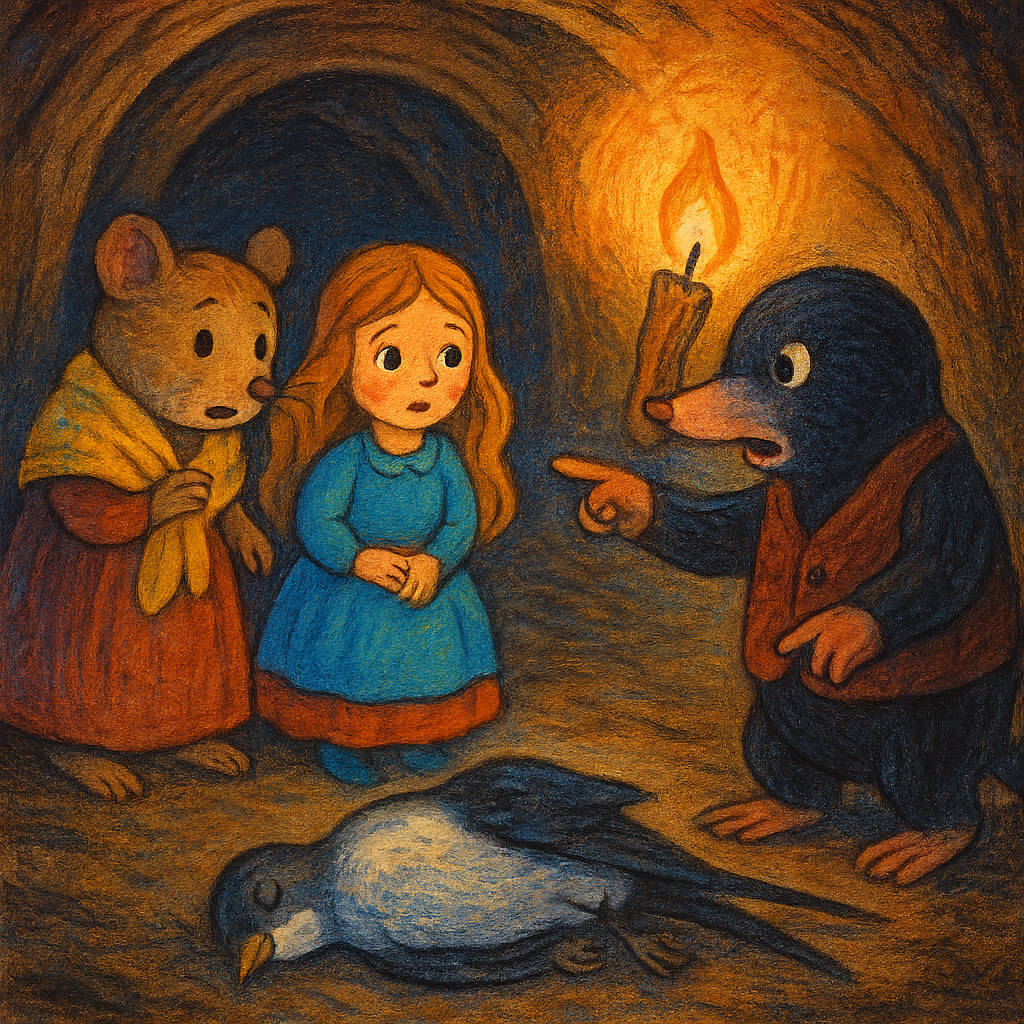 Дюймовочка впервые видит ласточку в галерее крота.