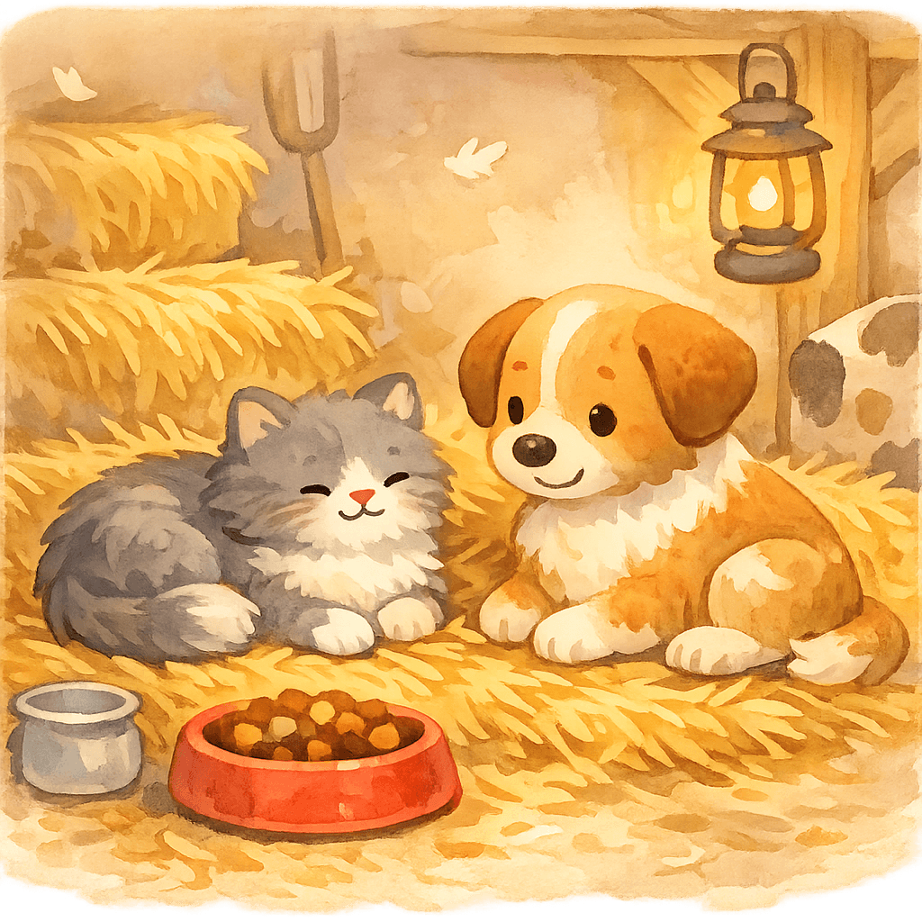 Кошка и собака Чарка вместе в коровнике