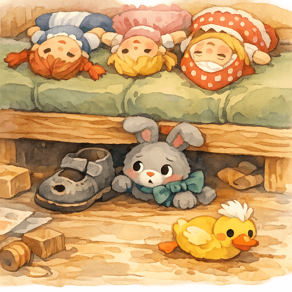 Заяц и Башмачок прячутся под диваном после ссоры