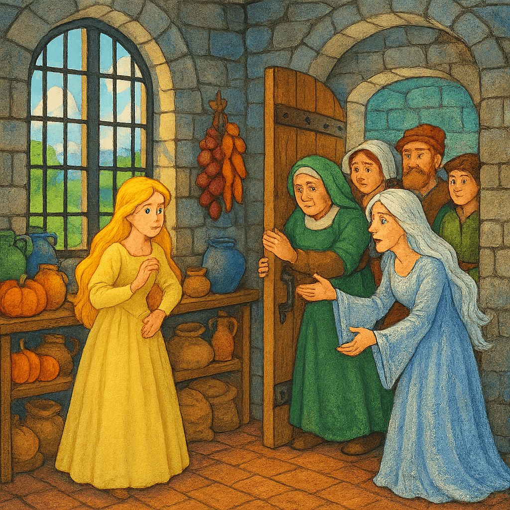 Золотое Деревце прячется в кладовой, слуги защищают ее, мачеха у двери.