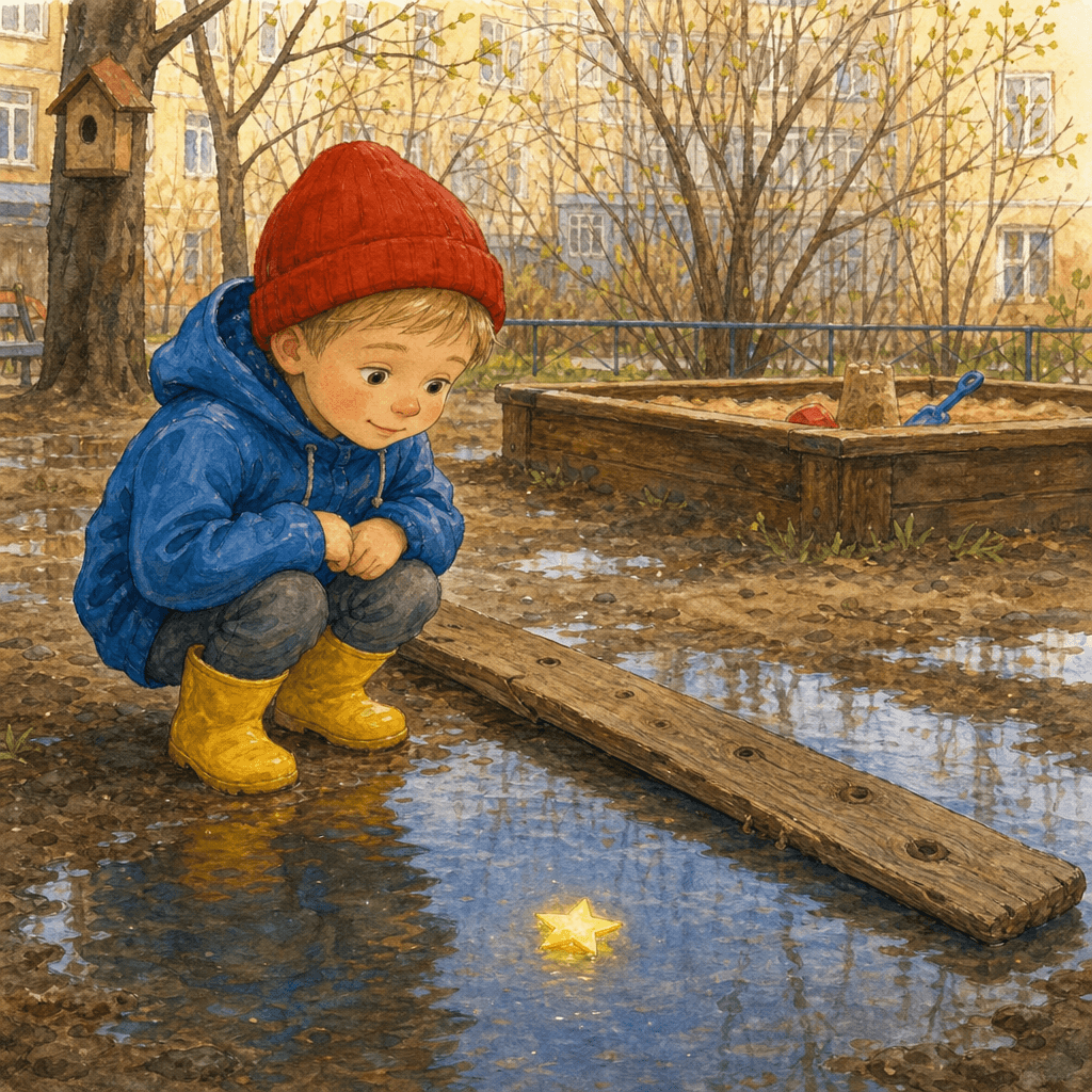 Ваня опускает дощечку в лужу, чтобы помочь звезде