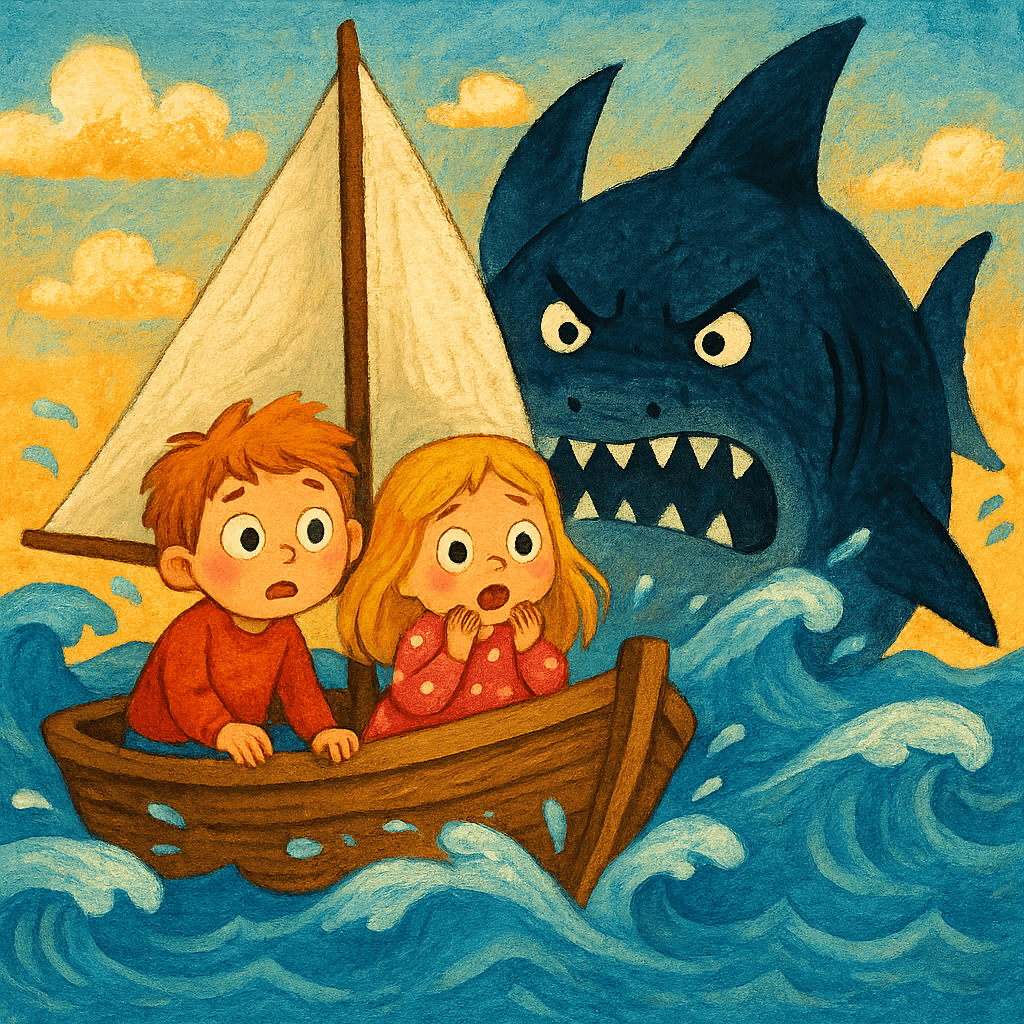 Ваня и Маша в лодке, за ними плывёт акула