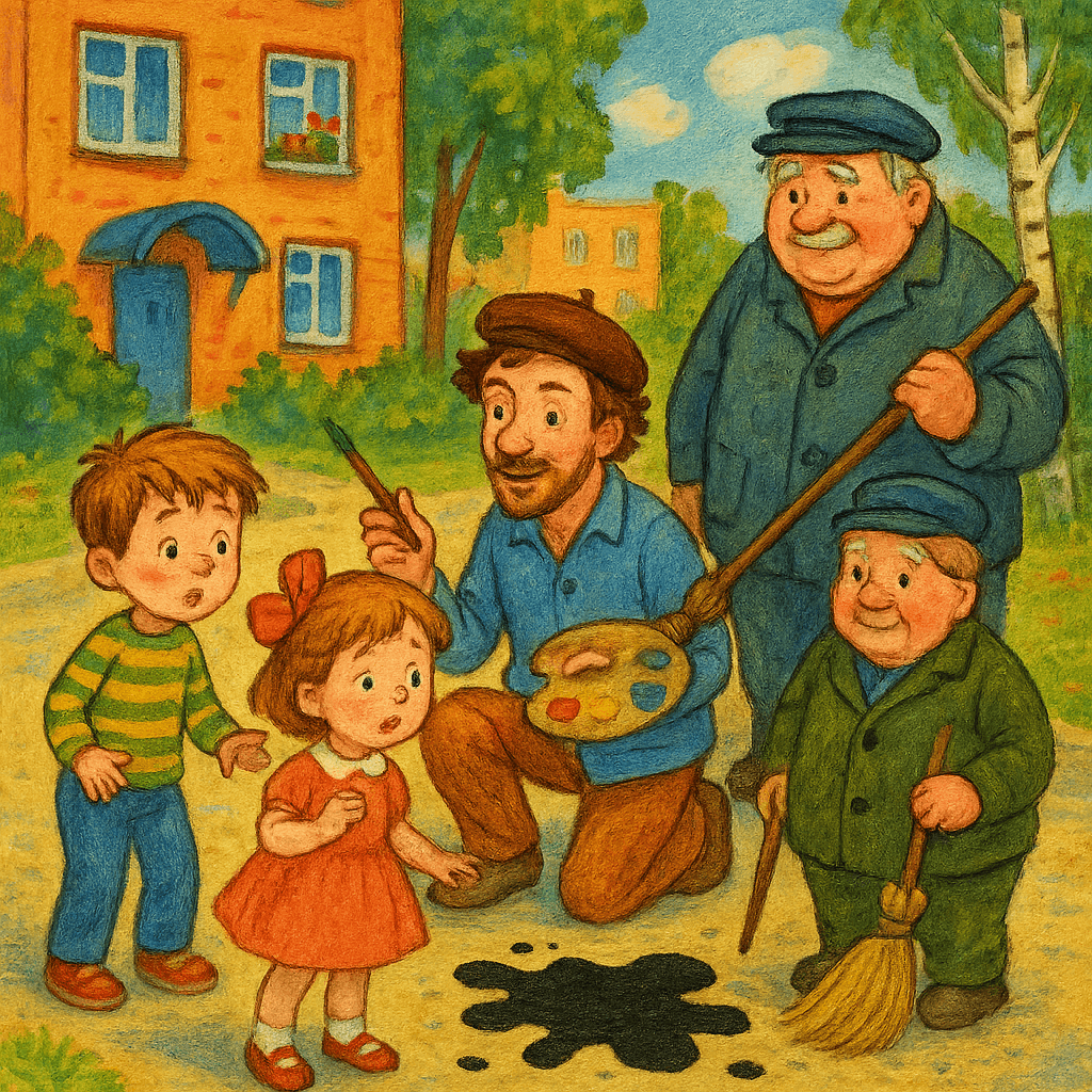Ваня, Маша, Художник и дядя Федя во дворе, всюду следы Кляксы