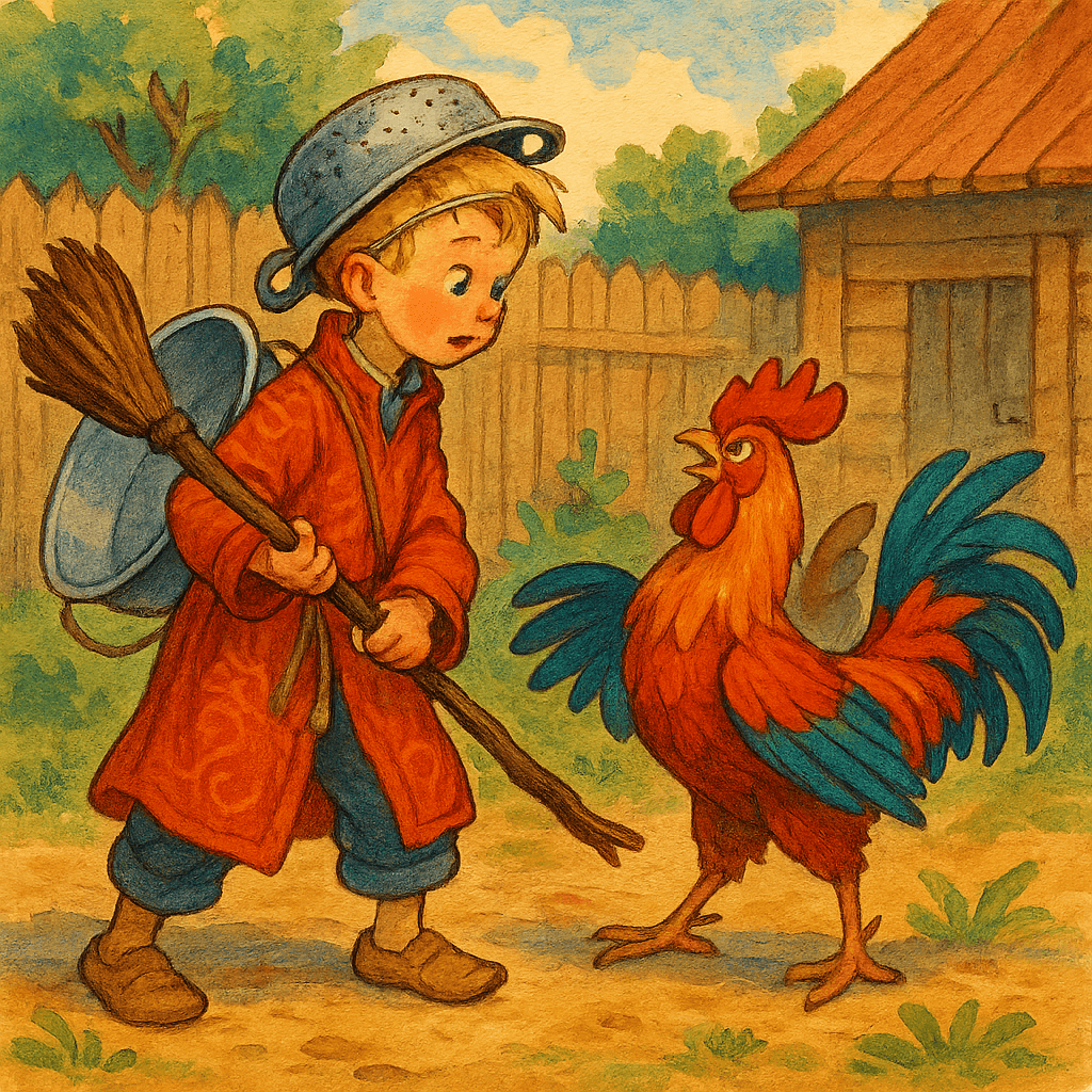 Ваня с метлой и петухом в поединке