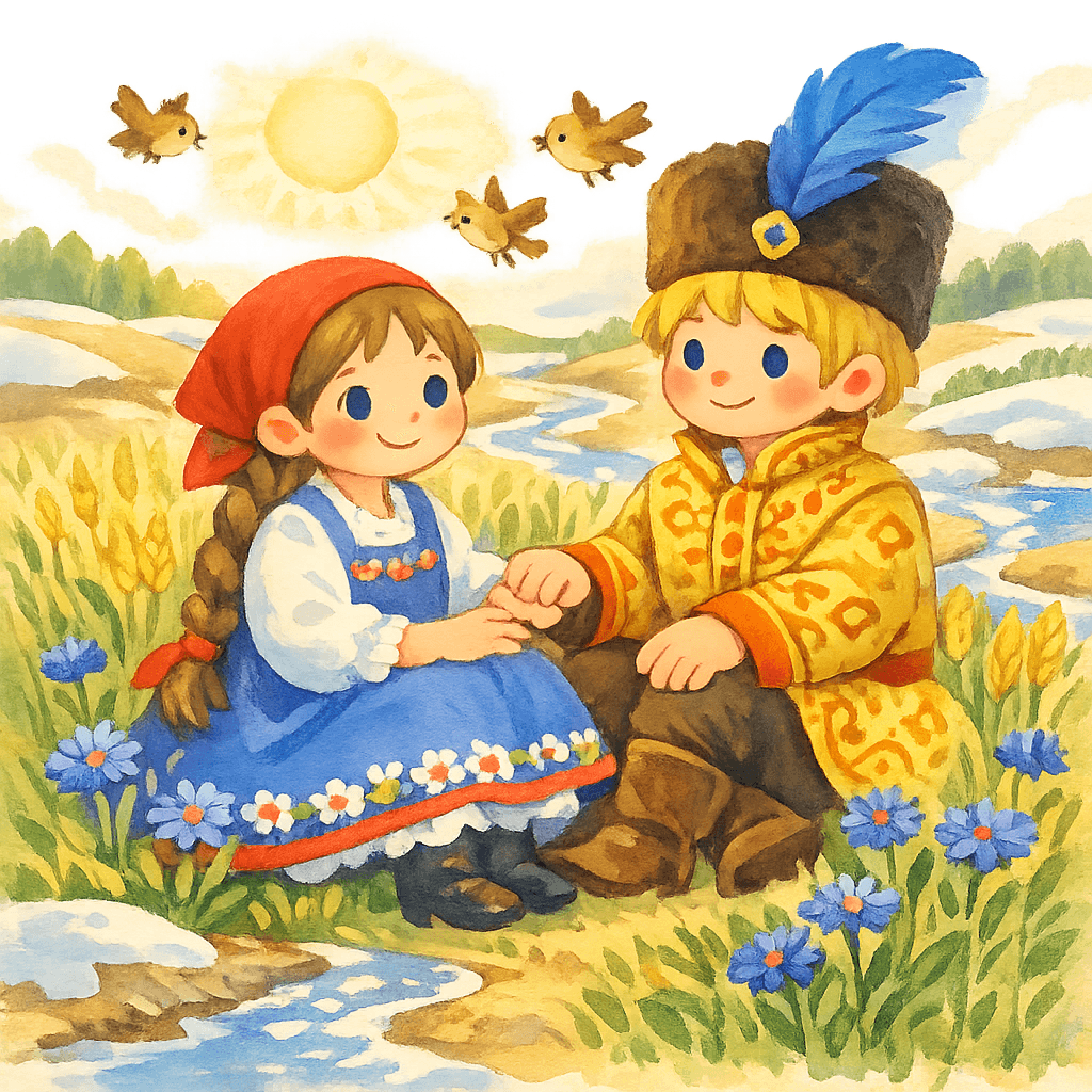 Василиса и Соломенный жених среди ржи и васильков под весенним солнцем