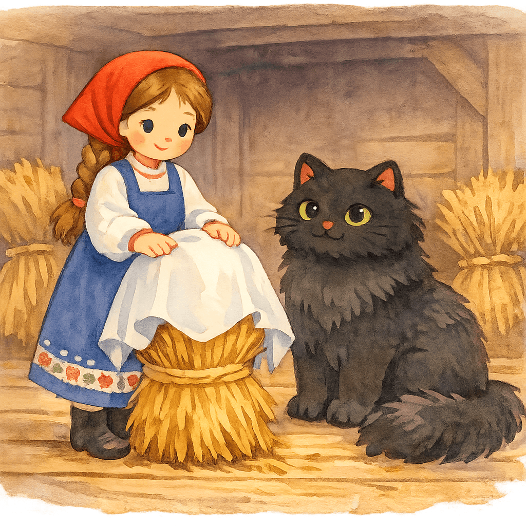 Василиса ставит впереди себя сноп под платком перед овинником