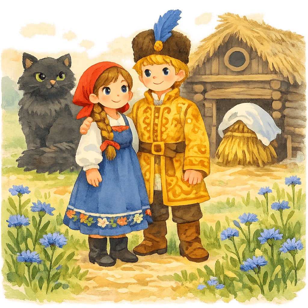 Василиса в сарафане, Соломенный жених в золотом кафтане и черный кот-овинник рядом у овина среди весеннего поля