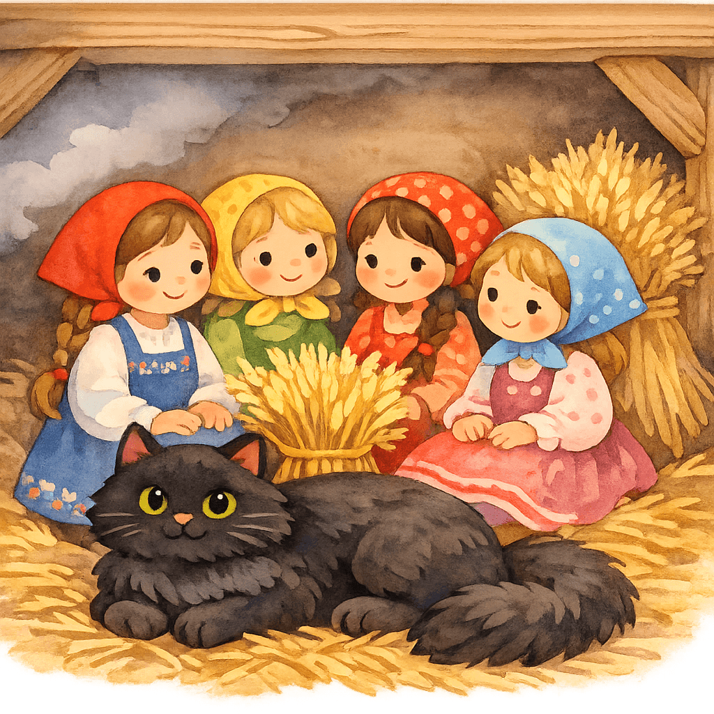 Девушки и Василиса греются в овине, рядом овинник-кот
