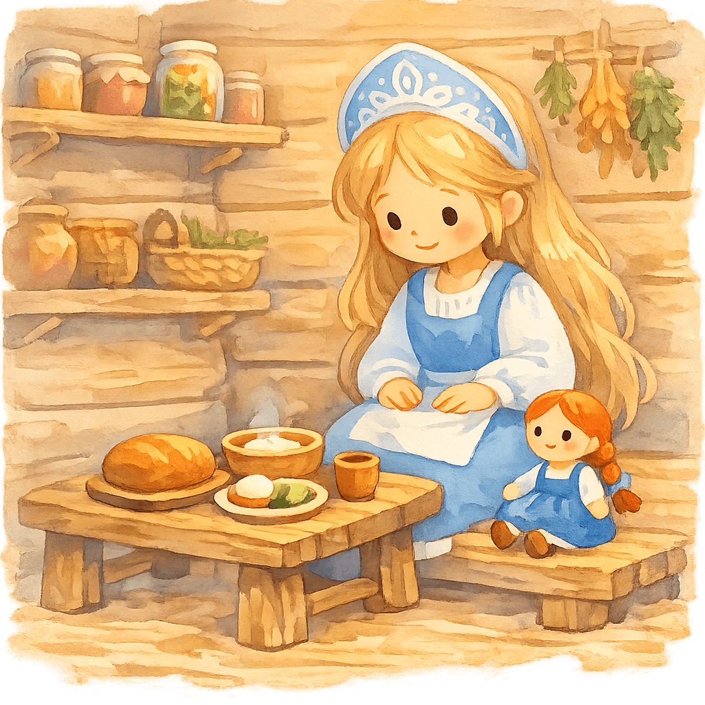 Василиса кормит куклу и просит у нее совета в избушке бабы-яги