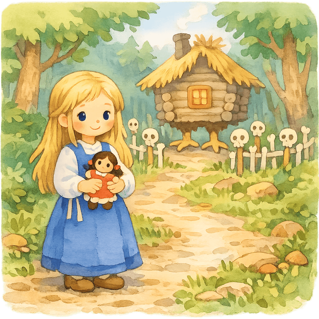 Василиса идёт по тропинке с куклой через дремучий лес к избушке бабы-яги