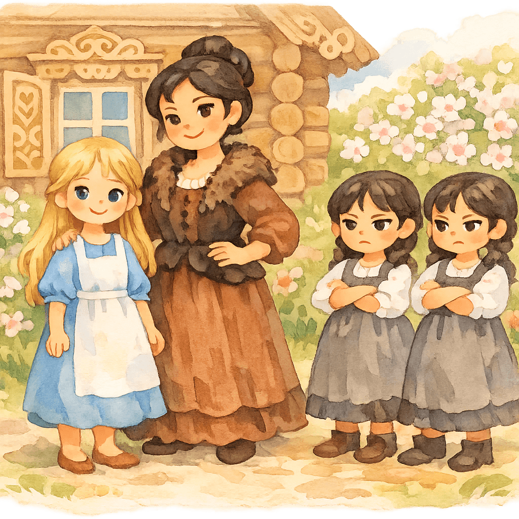 Василиса и её злая мачеха с двумя дочерьми возле дома