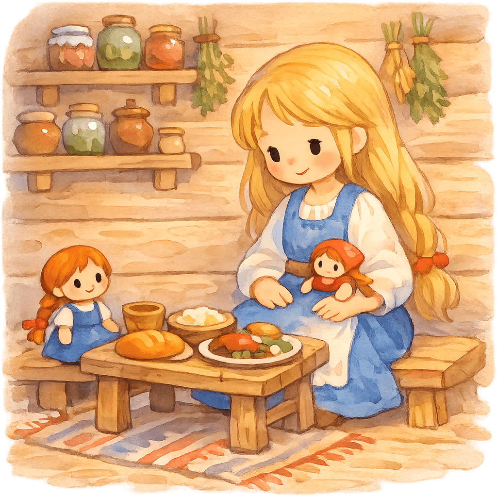 Василиса кормит куклу и просит у нее совета в избушке бабы-яги